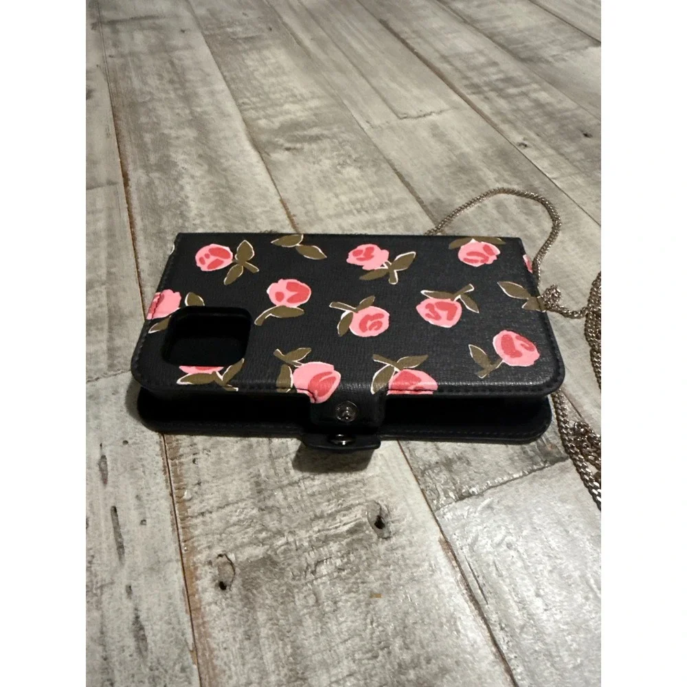 Kate Spade iPhone 11 Pro Magnetic Folio Crossbody Case Black Pink Rose Floral